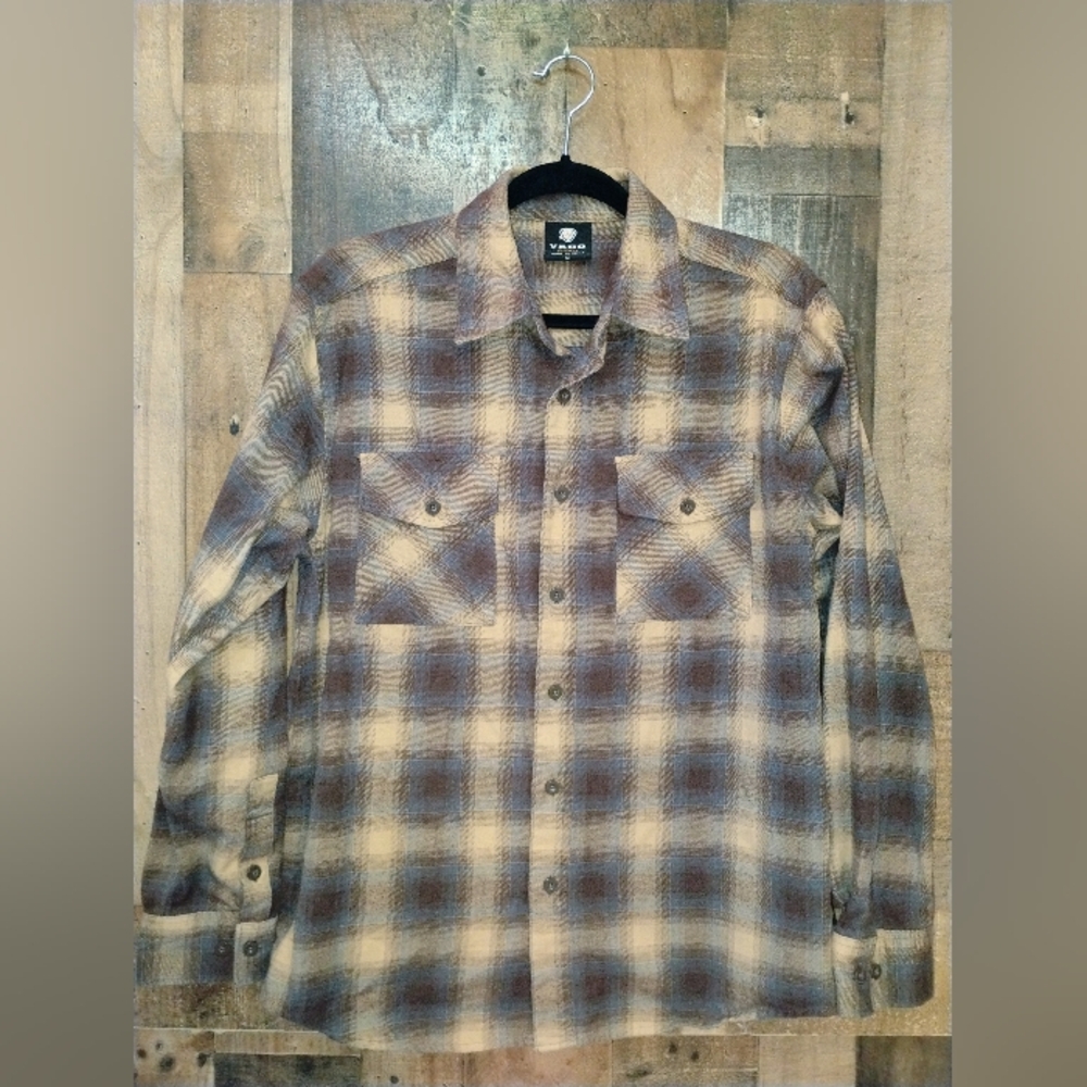 Yago Mens Plaid Button-Up Flannel Shirt Long Sleeve Size Medium Brown Tan